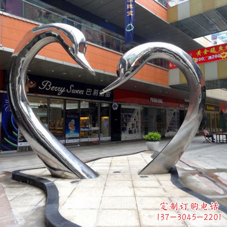 漯河不锈钢爱心天鹅情侣雕塑-大型户外广场抽象动物景观摆件心型天鹅头雕塑