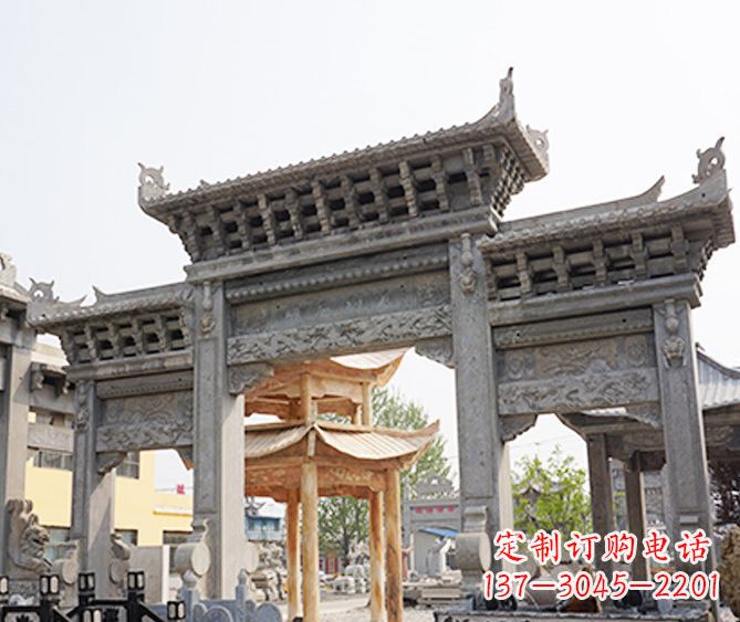漯河村庄大理石三门牌坊石雕