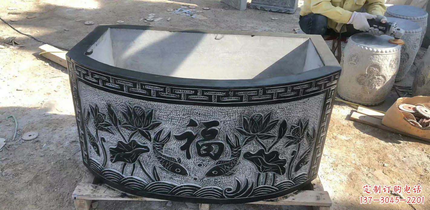 漯河精致方口石浮雕水缸雕塑