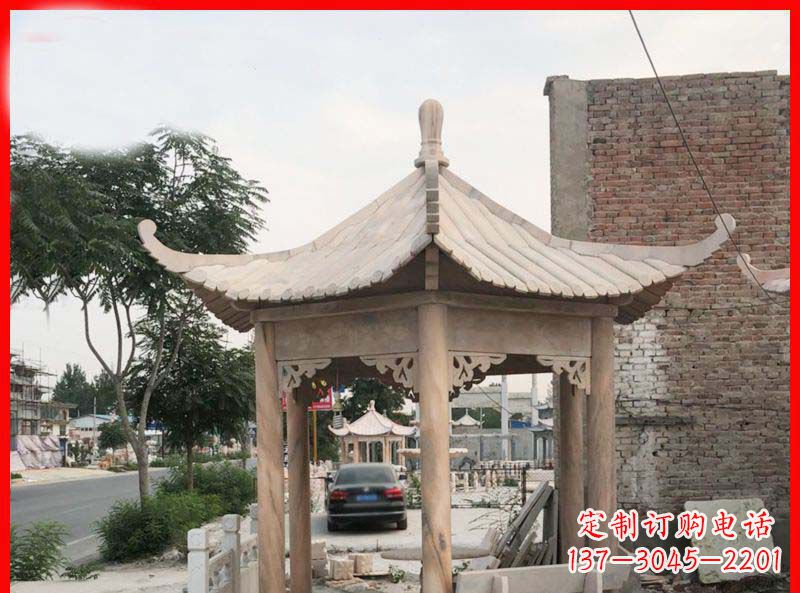 漯河公园晚霞红六角石凉亭雕塑