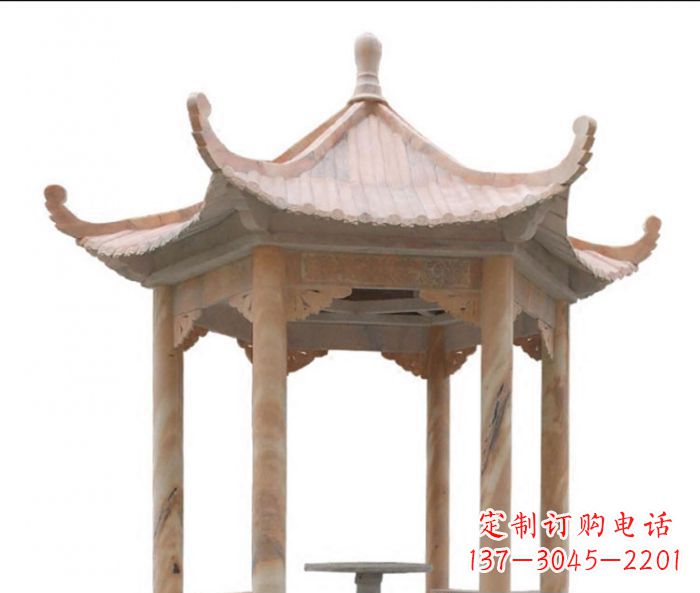 漯河美丽而优雅的公园晚霞红六角石凉亭雕塑