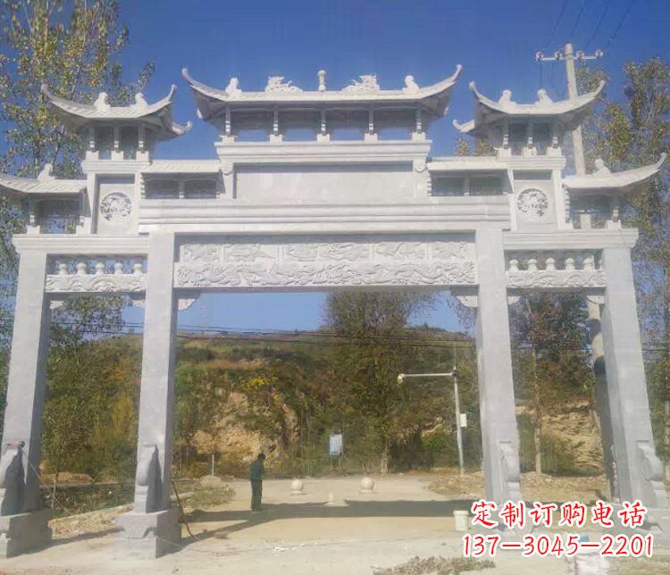 漯河景区三门仿古石牌坊石雕