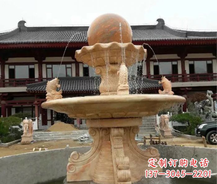 漯河双层风水球喷泉晚霞红石雕