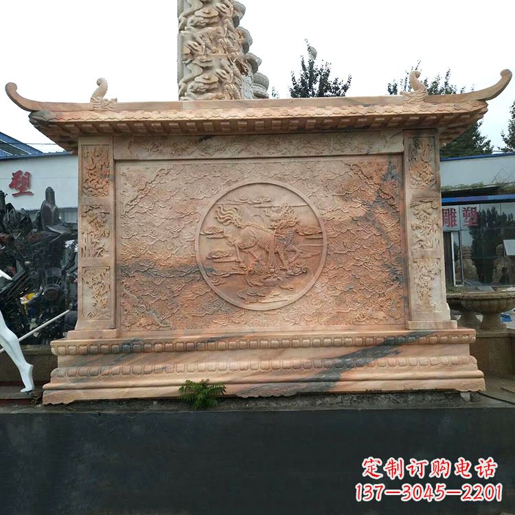 漯河晚霞红麒麟影壁墙石雕