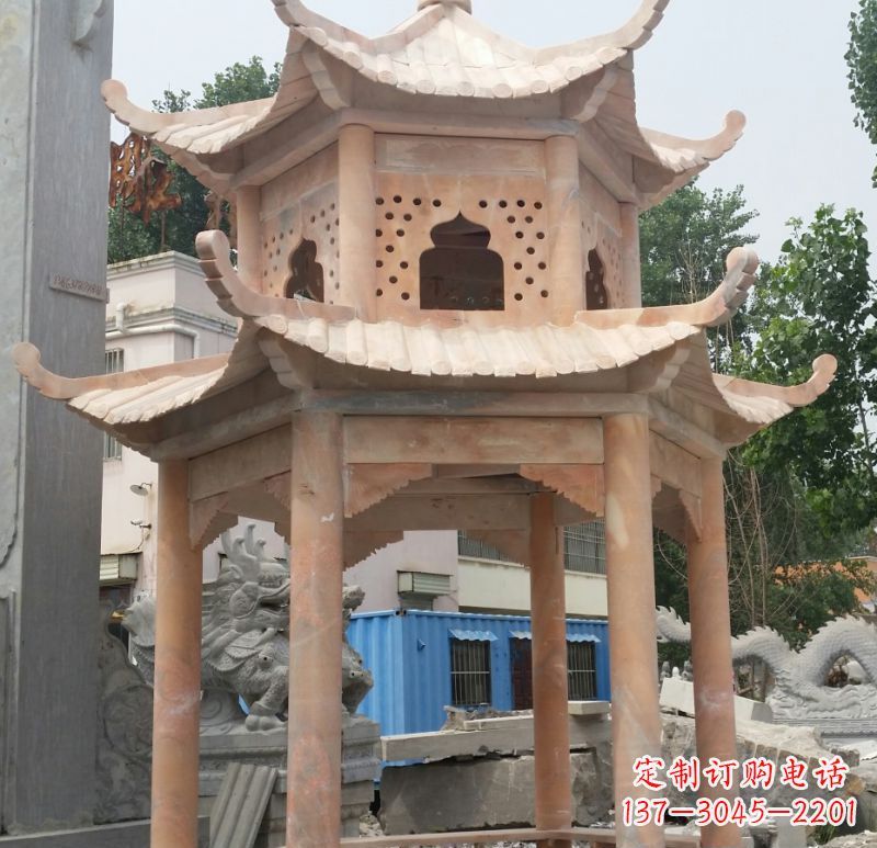 漯河晚霞红双层六角凉亭石雕 (2)