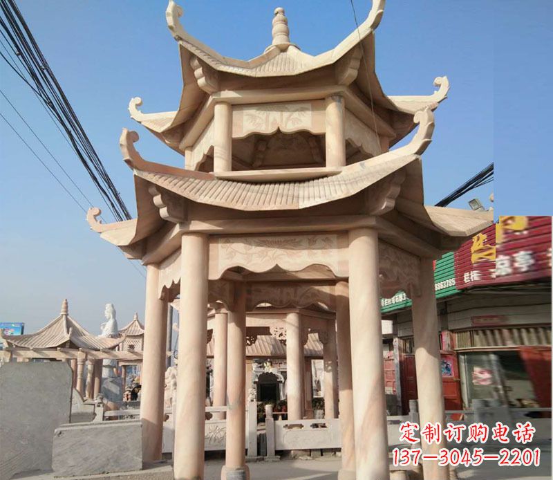 漯河晚霞红双层六角凉亭石雕 (3)