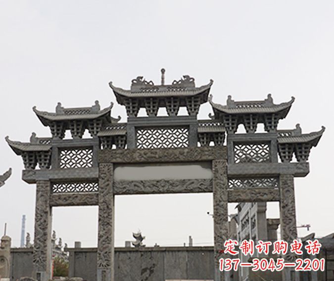 漯河园林仿古三门牌坊石雕 (4)