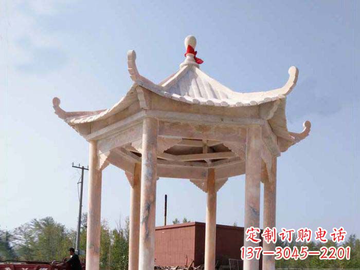 漯河园林景观晚霞红六角石雕凉亭