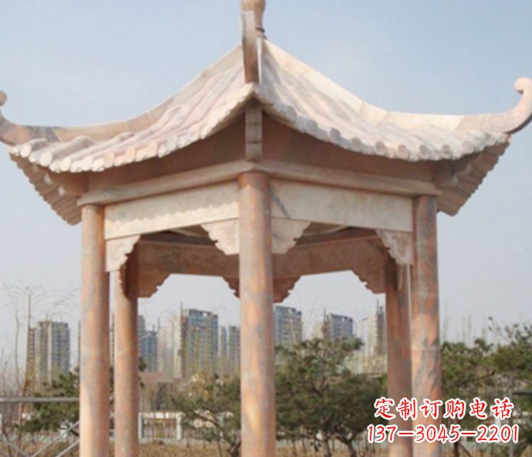 漯河园林晚霞红六角石凉亭景观石雕
